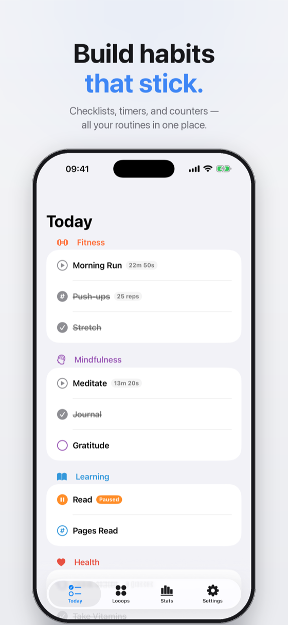 Looops Today screen showing daily habits organized by category