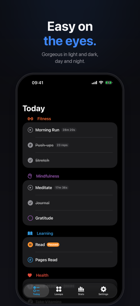Looops Today screen in dark mode